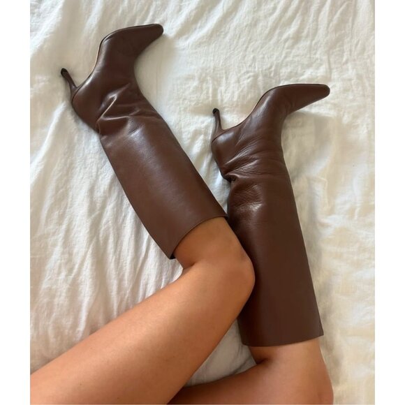 Tory Burch Shoes - Tory Burch Brown Leather Tall Heeled Boots Knee High Pull On Size 9.5
